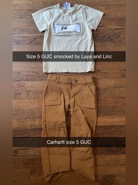 Carhartt Kids Brown Work Pants & Cream Short Sleeve Smocked Hunting Shirt, 5